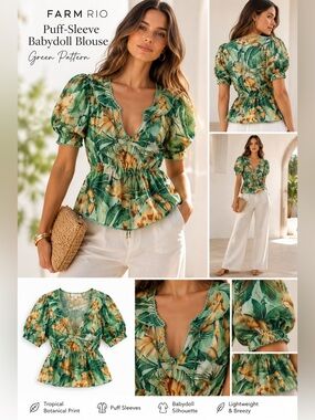 FARM Rio Green and Yellow Tropical Puff-Sleeve Babydoll Blouse